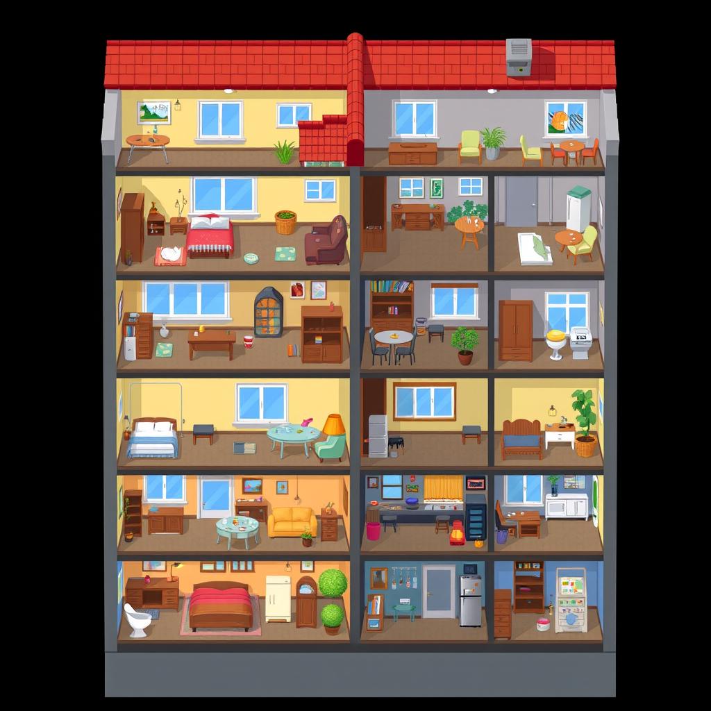 A sectional view of an apartment building in pixel art style