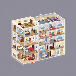 A sectional view of an apartment building in pixel art style