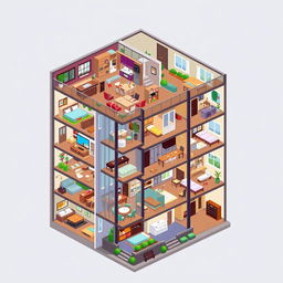 A sectional view of an apartment building in pixel art style