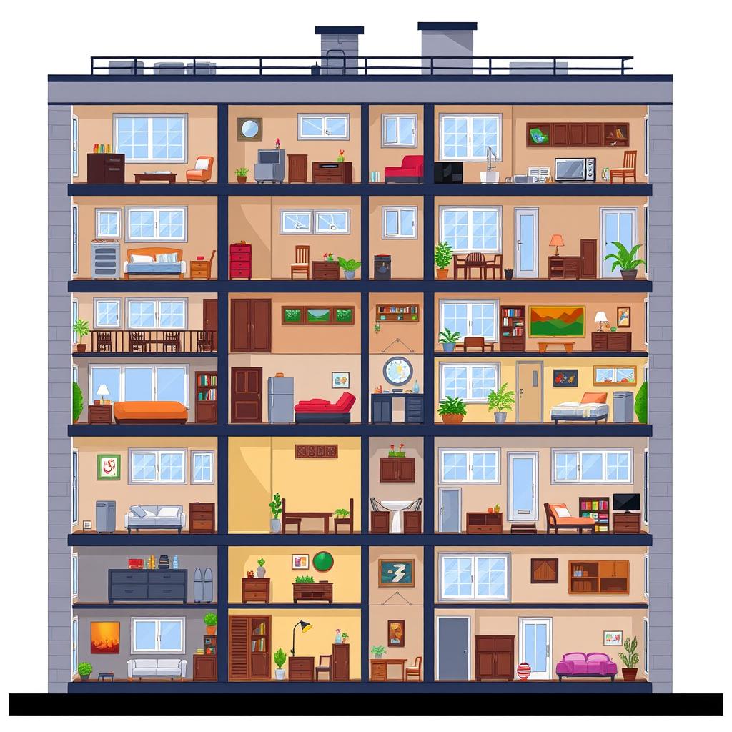 A sectional view of an apartment building in pixel art style