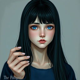 A girl with long, straight black hair, bright blue eyes, and fair skin, with a melancholic expression