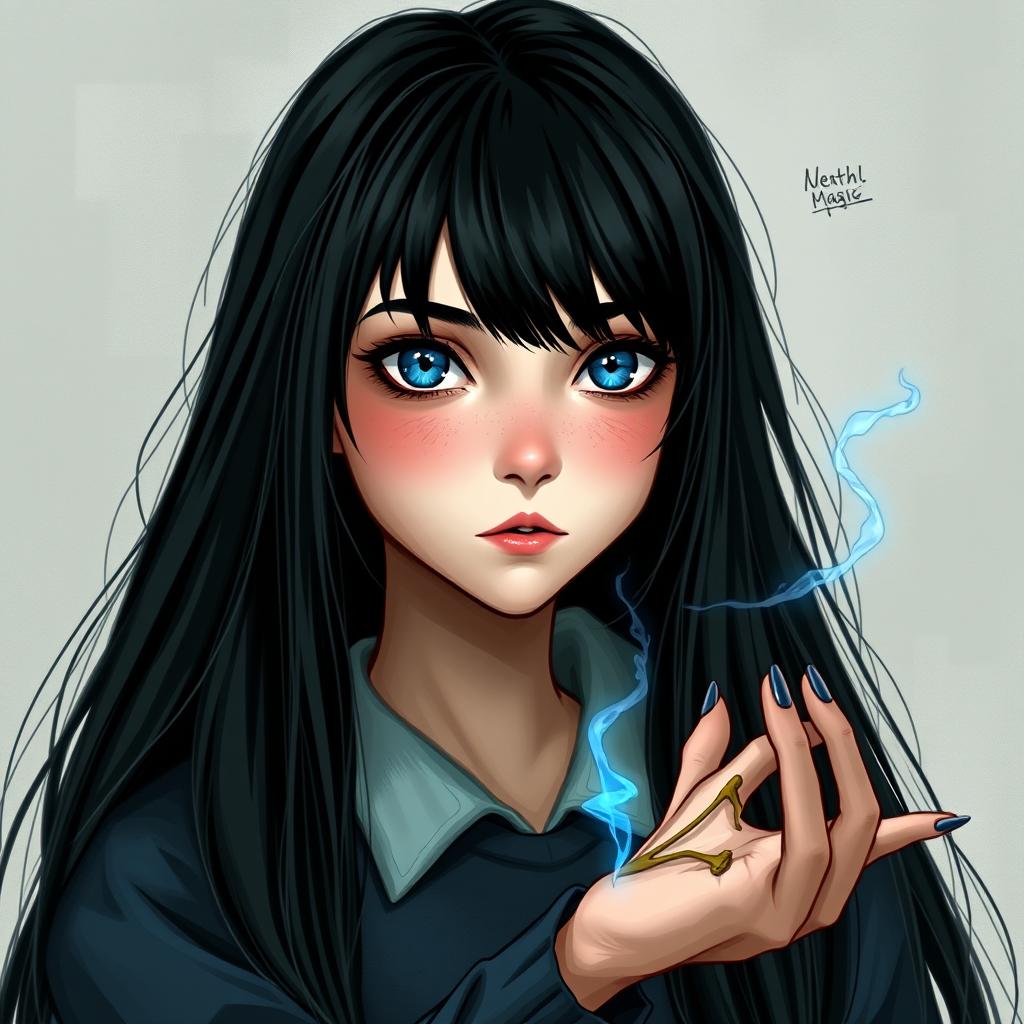 A girl with long, straight black hair, bright blue eyes, and fair skin, with a melancholic expression