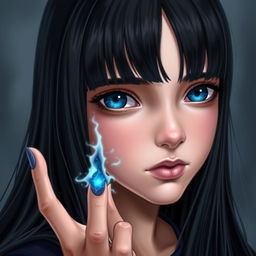 A girl with long, straight black hair, bright blue eyes, and fair skin, with a melancholic expression