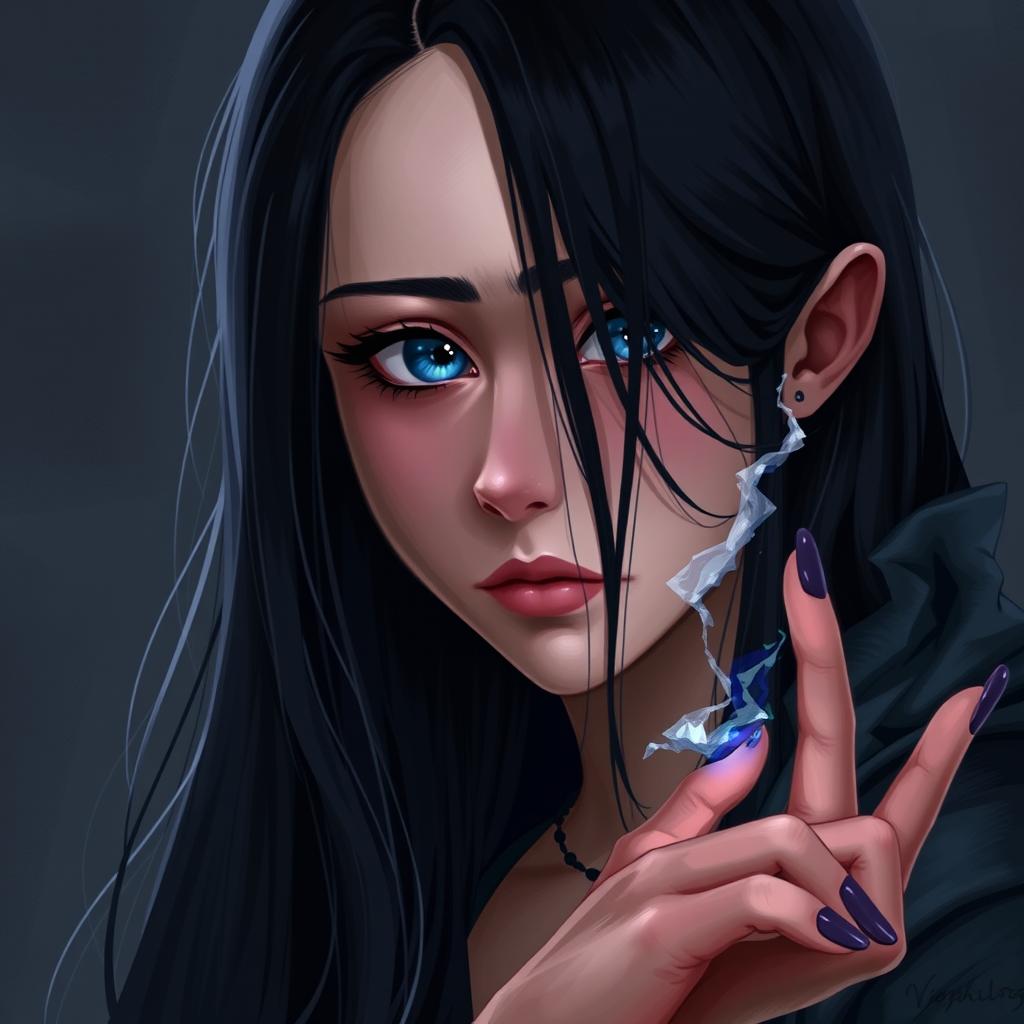 A digital realistic portrait of a girl with long, straight black hair, bright blue eyes, and fair skin, with a melancholic expression