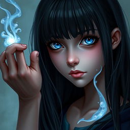 A digital realistic portrait of a girl with long, straight black hair, bright blue eyes, and fair skin, with a melancholic expression