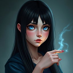 A digital realistic portrait of a girl with long, straight black hair, bright blue eyes, and fair skin, with a melancholic expression