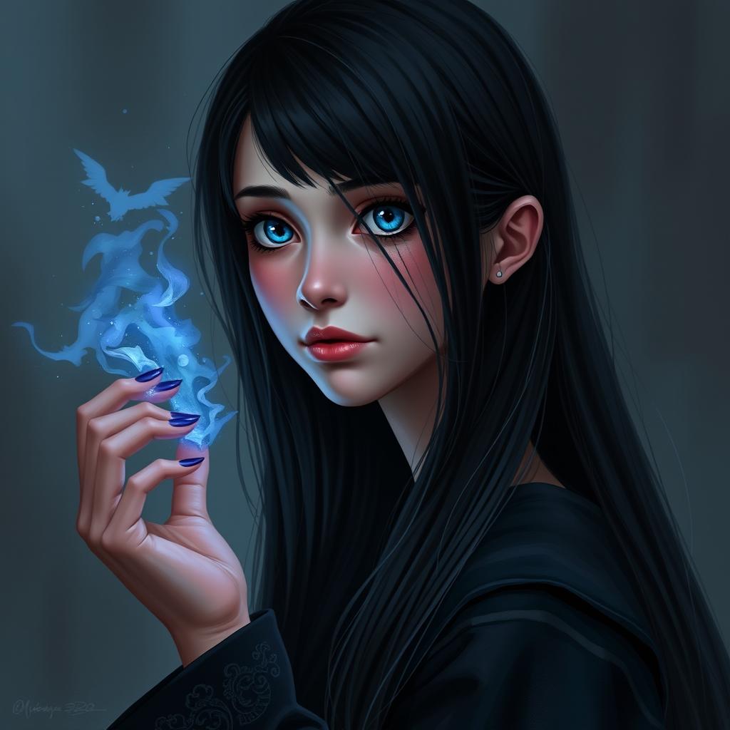 A digital realistic portrait of a girl with long, straight black hair, bright blue eyes, and fair skin, with a melancholic expression