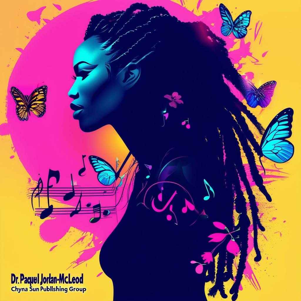 Create a vibrant and bold logo for a book featuring a silhouette of a woman with dreadlocks, music notes, and butterflies