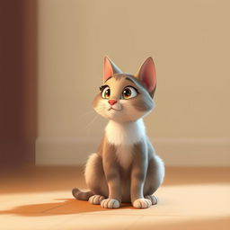 A Pixar-style animated portrait of a cat sitting on the floor, looking at something