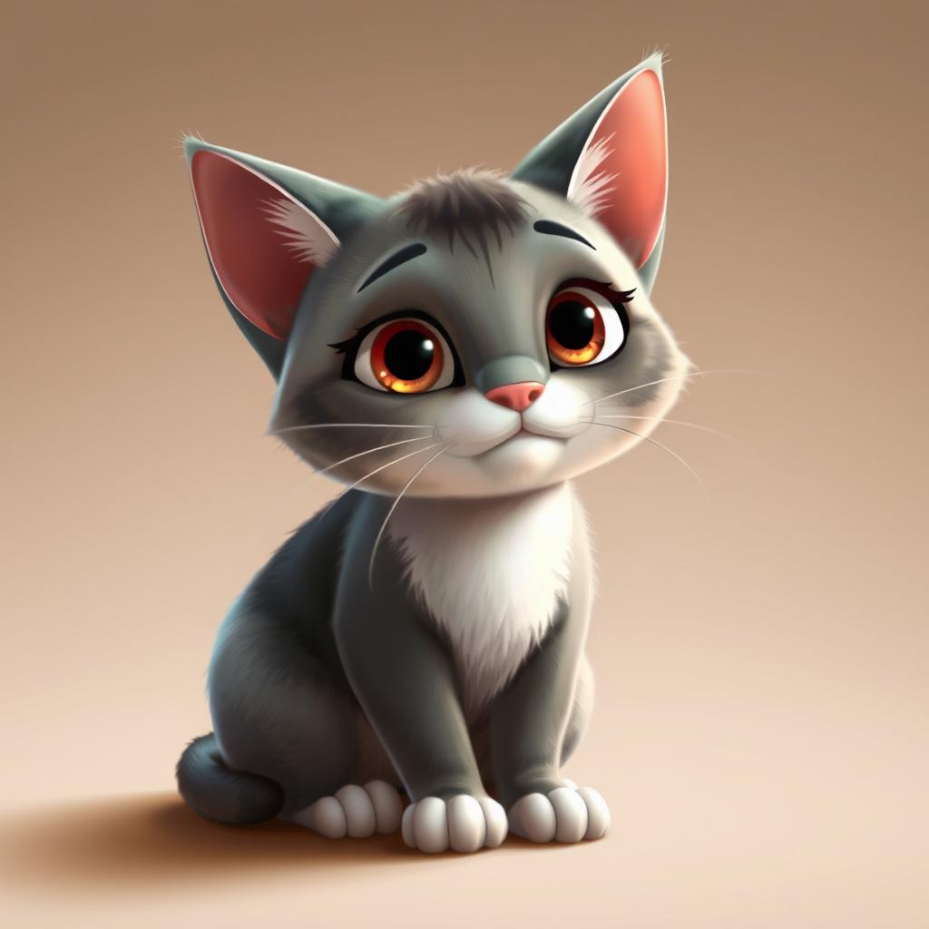 A Pixar-style animated portrait of a cat sitting on the floor, looking at something