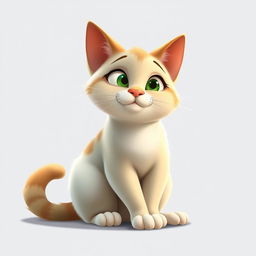 A Pixar-style animated portrait of a cat sitting on the floor, looking at something