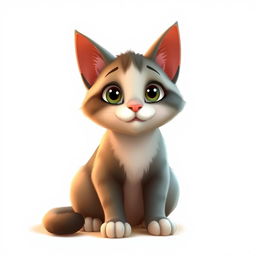 A Pixar-style animated portrait of a cat sitting on the floor, looking at something