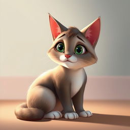 A Pixar-style animated portrait of a cat sitting on the floor, looking at something