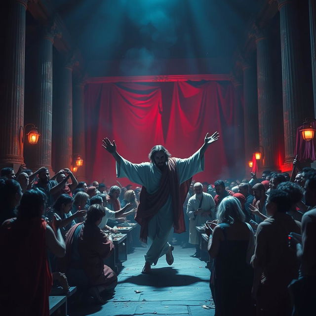 Create a dramatic and highly detailed scene of Jesus Christ throwing tables over in the temple that was turned into a market