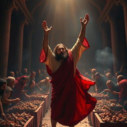 Create a dramatic and highly detailed scene of Jesus Christ throwing tables over in the temple that was turned into a market