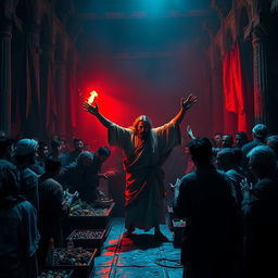 Create a dramatic and highly detailed scene of Jesus Christ throwing tables over in the temple that was turned into a market