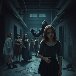 A high school girl hiding in an abandoned factory, with a mysterious figure attempting to mutilate someone