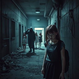 A high school girl hiding in an abandoned factory, with a mysterious figure attempting to mutilate someone