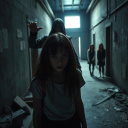 A high school girl hiding in an abandoned factory, with a mysterious figure attempting to mutilate someone