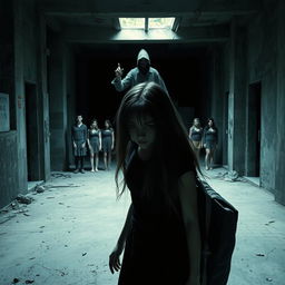 A high school girl hiding in an abandoned factory, with a mysterious figure attempting to mutilate someone