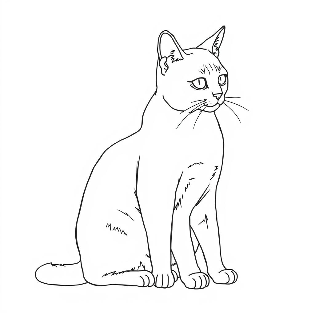 A line drawing of a cat sitting on the floor, looking at something