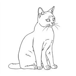 A line drawing of a cat sitting on the floor, looking at something