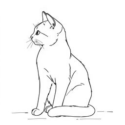 A line drawing of a cat sitting on the floor, looking at something