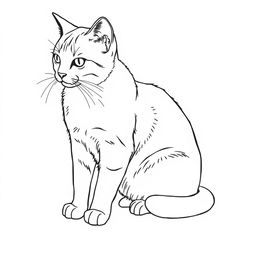 A line drawing of a cat sitting on the floor, looking at something