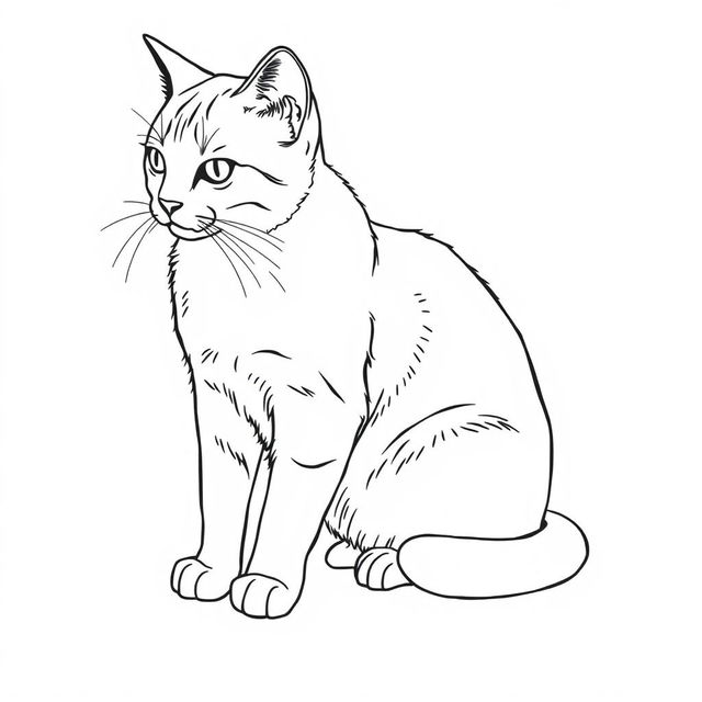 A line drawing of a cat sitting on the floor, looking at something