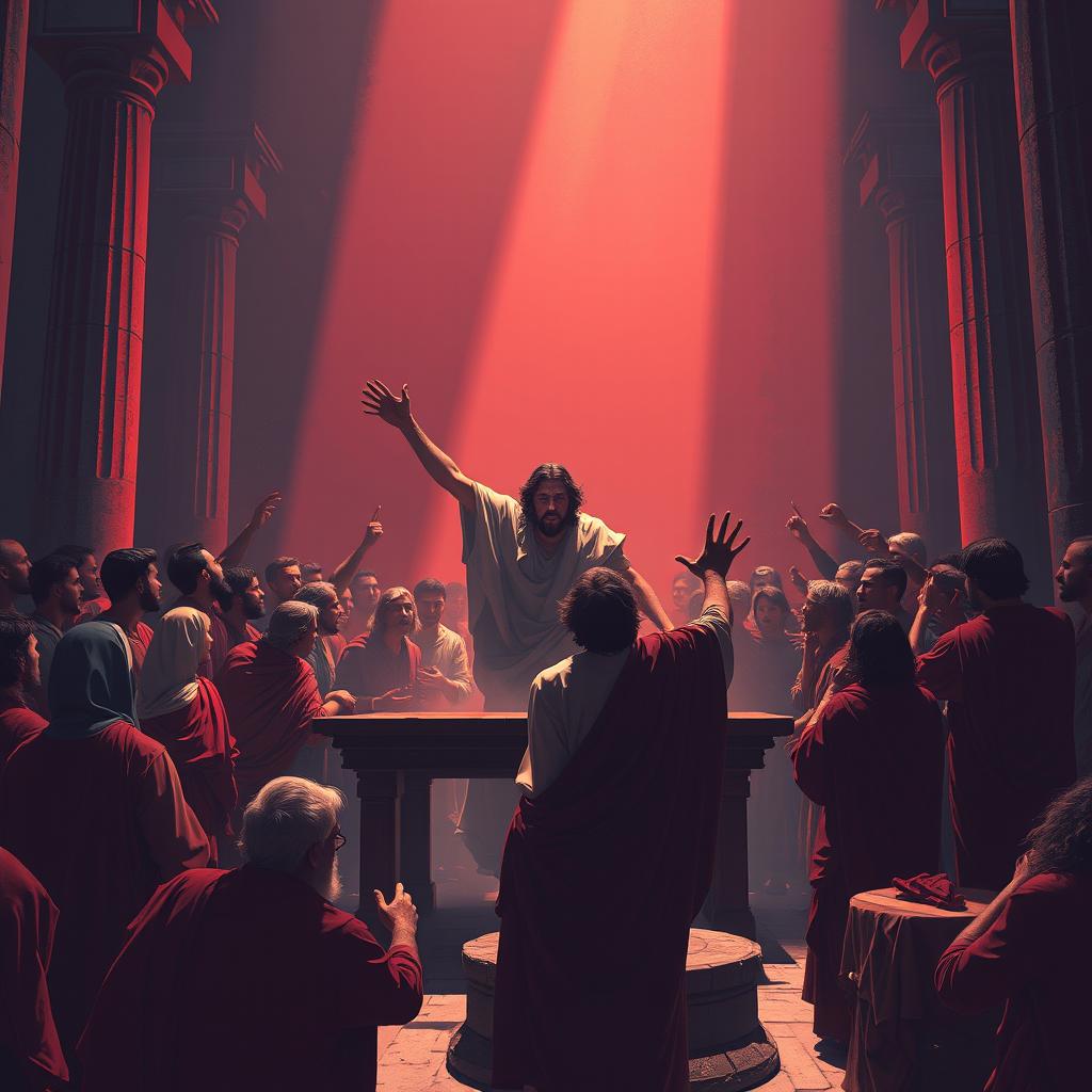 Create a 2D illustration graphic design of Jesus Christ throwing tables over in the temple that was turned into a market