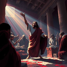 Create a 2D illustration graphic design of Jesus Christ throwing tables over in the temple that was turned into a market