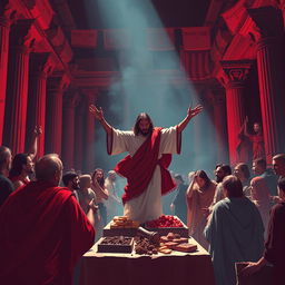 Create a 2D illustration graphic design of Jesus Christ throwing tables over in the temple that was turned into a market