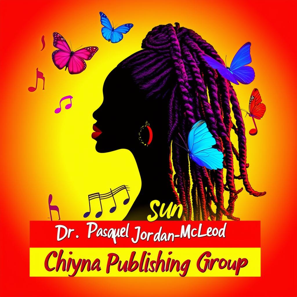 Create a vibrant and bold logo for a book featuring a silhouette of a woman with dreadlocks, music notes, and butterflies