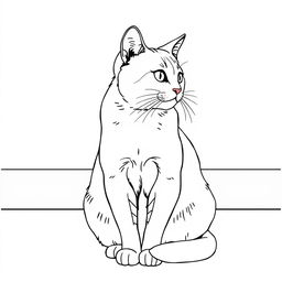 Using the original photo of a cat, create a line drawing of the cat sitting on the floor, looking at something