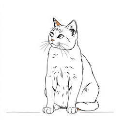 Using the original photo of a cat, create a line drawing of the cat sitting on the floor, looking at something