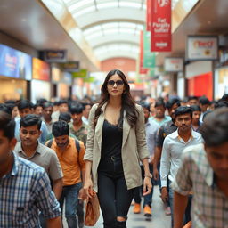 Kriti Sanon walking confidently through a bustling mall, surrounded by a dense crowd of male shoppers