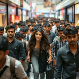 Kriti Sanon walking confidently through a bustling mall, surrounded by a dense crowd of male shoppers