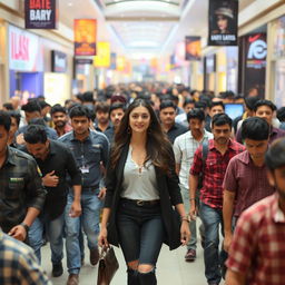 Kriti Sanon walking confidently through a bustling mall, surrounded by a dense crowd of male shoppers