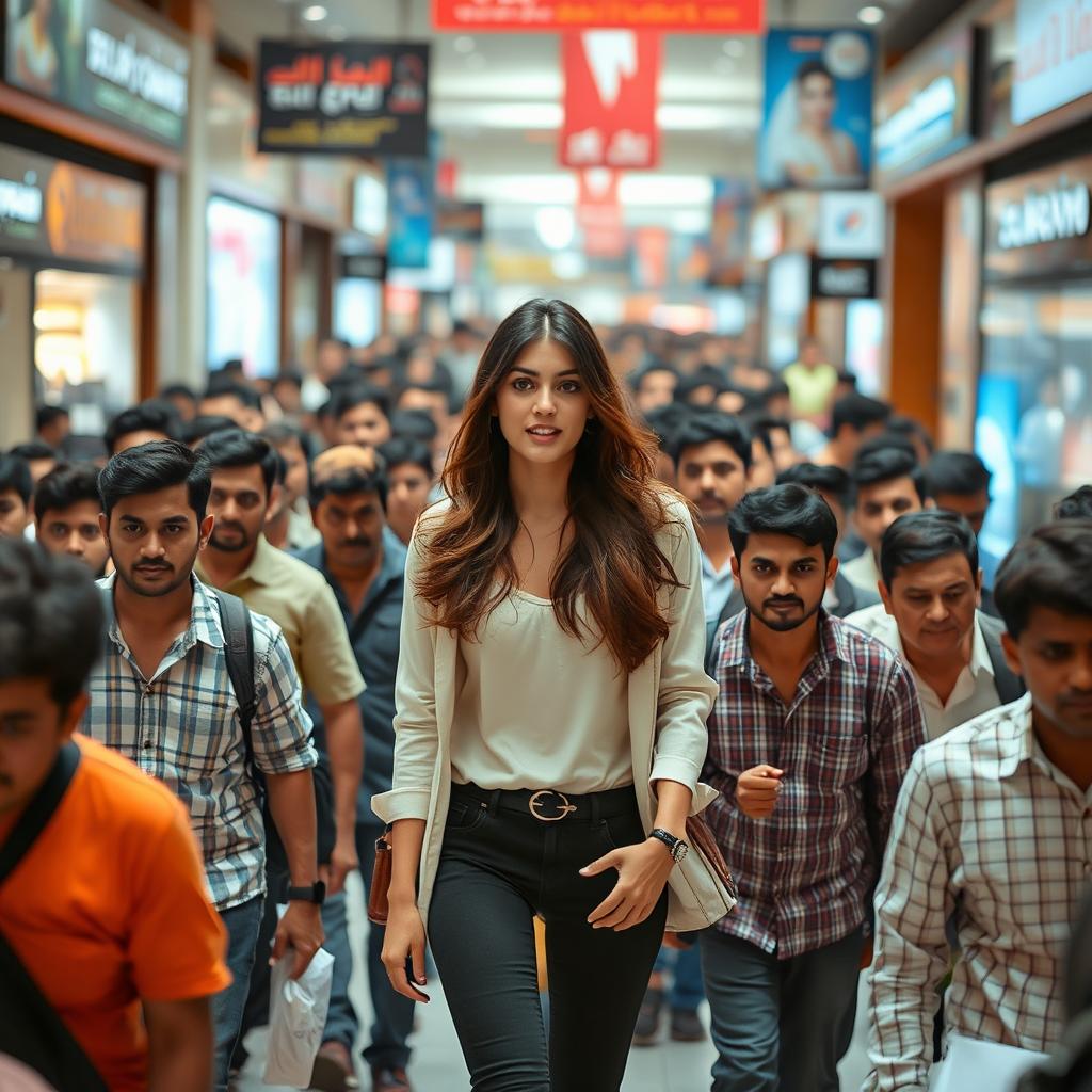 Kriti Sanon walking confidently through a bustling mall, surrounded by a dense crowd of male shoppers