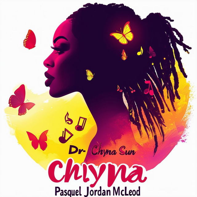 Create a vibrant and bold logo for a book featuring a silhouette of a woman with dreadlocks, music notes, and butterflies