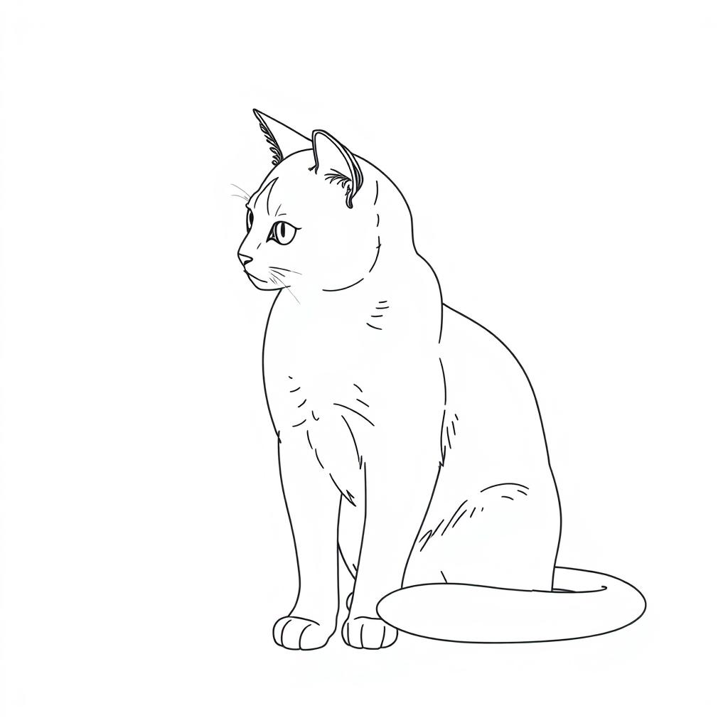 Create a line drawing of a cat sitting on the floor, looking at something