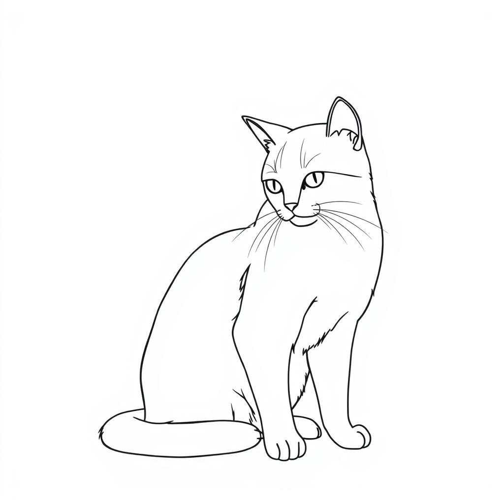 Create a line drawing of a cat sitting on the floor, looking at something