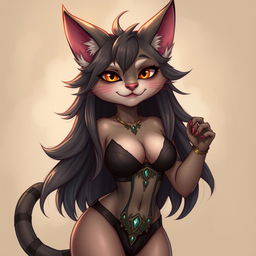 A sexy, cute, and flustered cat beastfolk character with a seductive aura