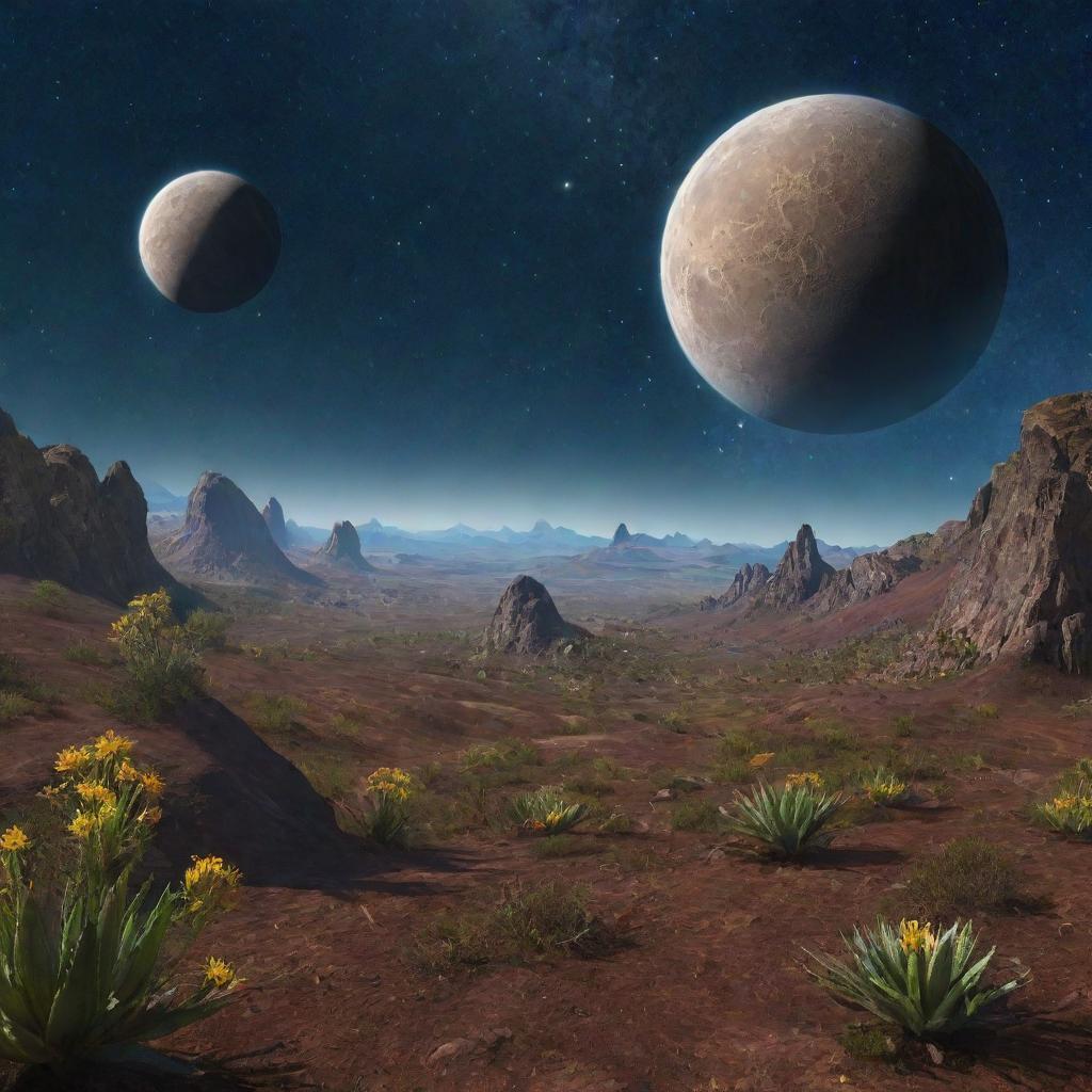 A fantastical extraterrestrial planet named Segna, with unusual flora and fauna, bright ring system, and a multiple moon system against a starry background