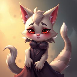 A sexy, cute, and flustered cat beastfolk character with a seductive aura