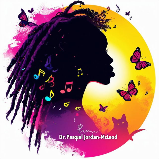 Create a vibrant and bold logo for a book featuring a silhouette of a woman with short dreadlocks, music notes, butterflies, and two cat silhouettes