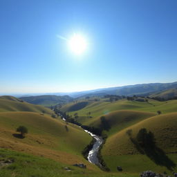 A beautiful landscape with rolling hills, a clear blue sky, and a bright sun shining down