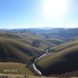 A beautiful landscape with rolling hills, a clear blue sky, and a bright sun shining down