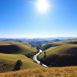 A beautiful landscape with rolling hills, a clear blue sky, and a bright sun shining down