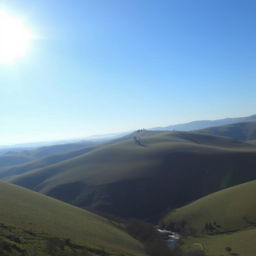 A beautiful landscape with rolling hills, a clear blue sky, and a bright sun shining down